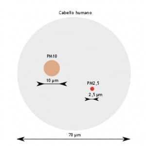 Comparativa del tamaño de PM10 y PM2.5 con un cabello humano.